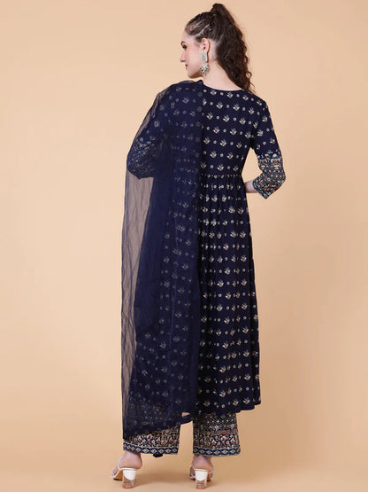 RAYON CALF LENGTH PRINTED SEMI-FLARED 3/4 SLEEVES V-NECK KURTA BOTTOM DUPATTA SET