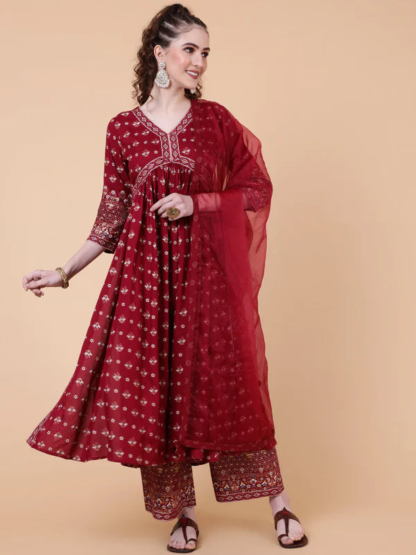 RAYON CALF LENGTH PRINTED SEMI-FLARED 3/4 SLEEVES V-NECK KURTA BOTTOM DUPATTA SET