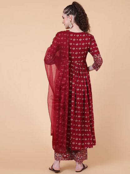 RAYON CALF LENGTH PRINTED SEMI-FLARED 3/4 SLEEVES V-NECK KURTA BOTTOM DUPATTA SET