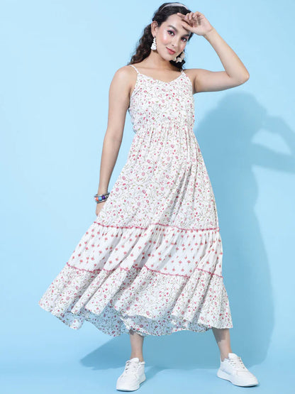 COTTON CALF LENGTH PRINTED FLARED STRAPPY SLEEVES V-NECK DRESS