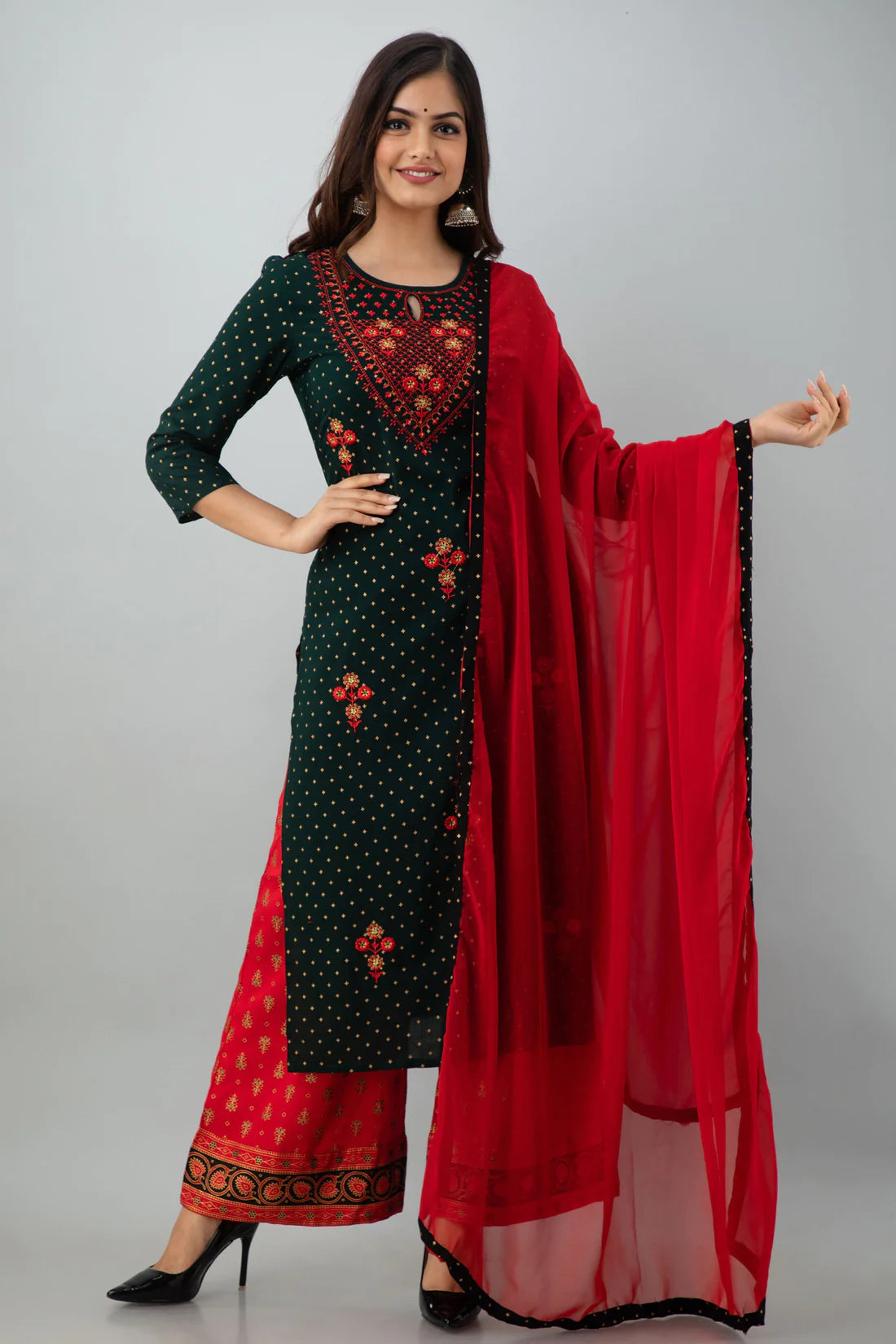 EMBROIDERED STRAIGHT CALF LENGTH 3/4 SLEEVES KEYHOLE NECK RAYON KURTA DUPATTA BOTTOM SET