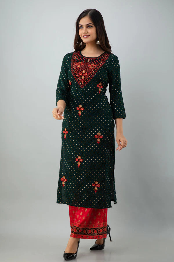 EMBROIDERED STRAIGHT CALF LENGTH 3/4 SLEEVES KEYHOLE NECK RAYON KURTA DUPATTA BOTTOM SET