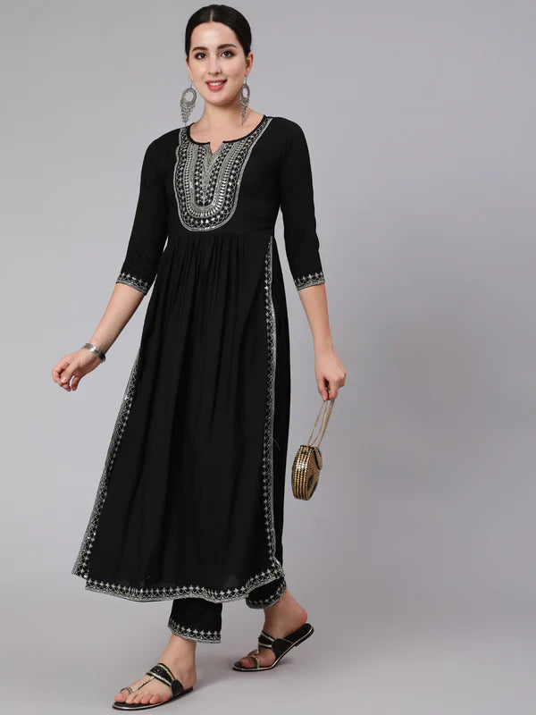 BLACK FLARED 3/4 SLEEVE ROUND NECK KURTA SET