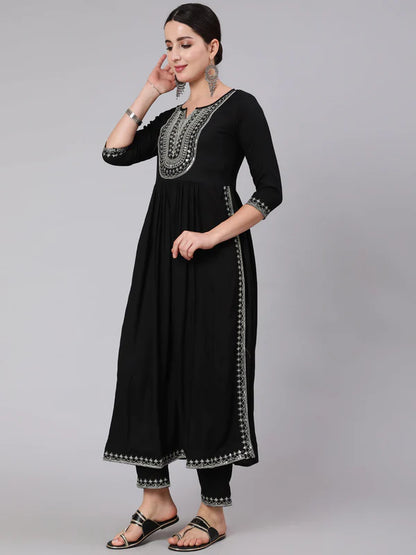 BLACK FLARED 3/4 SLEEVE ROUND NECK KURTA SET