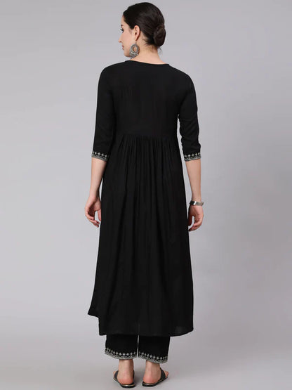 BLACK FLARED 3/4 SLEEVE ROUND NECK KURTA SET