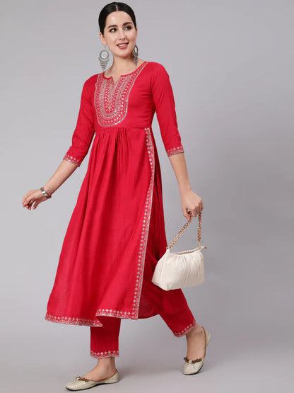 RAYON CALF LENGTH EMBROIDERED FLARED 3/4 SLEEVE ROUND NECK SET KURTA SET