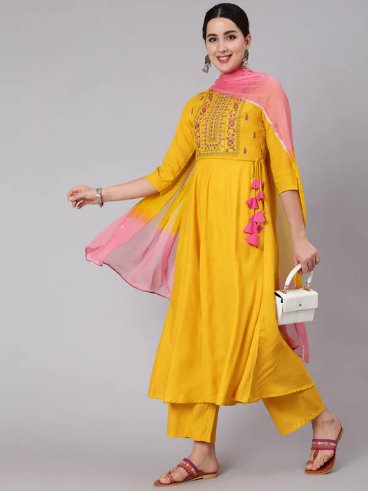 RAYON CALF LENGTH EMBROIDERED FLARED 3/4 SLEEVE ROUND NECK KURTA SET