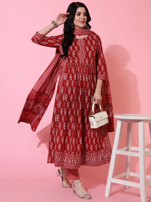 COTTON CALF LENGTH SEMI FLARED 3/4 SLEEVES PRINTED ROUND NECK KURTA BOTTOM DUPATTA SET