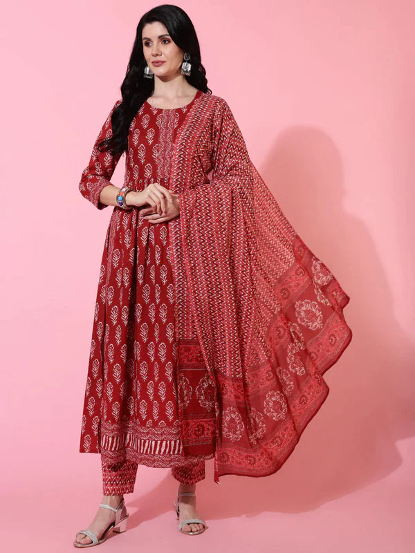 COTTON CALF LENGTH SEMI FLARED 3/4 SLEEVES PRINTED ROUND NECK KURTA BOTTOM DUPATTA SET