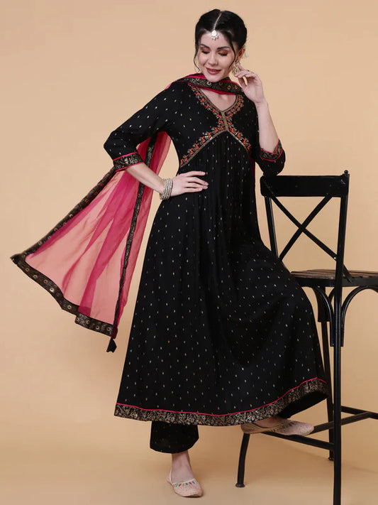 BLACK SEMI FLARED V-NECK KURTA BOTTOM DUPATTA SET