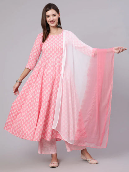 PINK FLARED 3/4 SLEEVE ROUND NECK KURTA BOTTOM DUPATTA SET