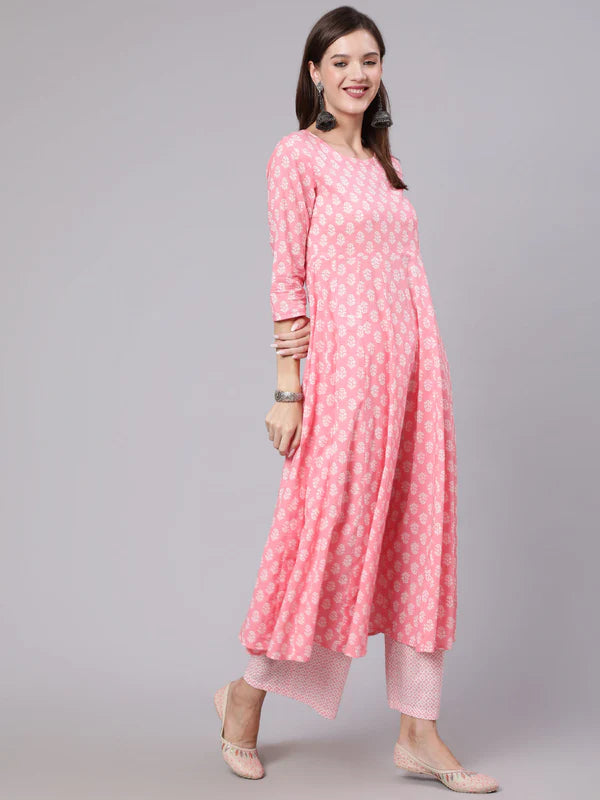 PINK FLARED 3/4 SLEEVE ROUND NECK KURTA BOTTOM DUPATTA SET