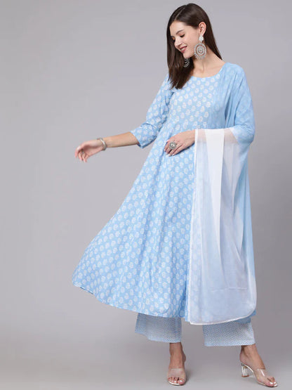 BLUE FLARED 3/4 SLEEVE ROUND NECK KURTA BOTTOM DUPATTA SET