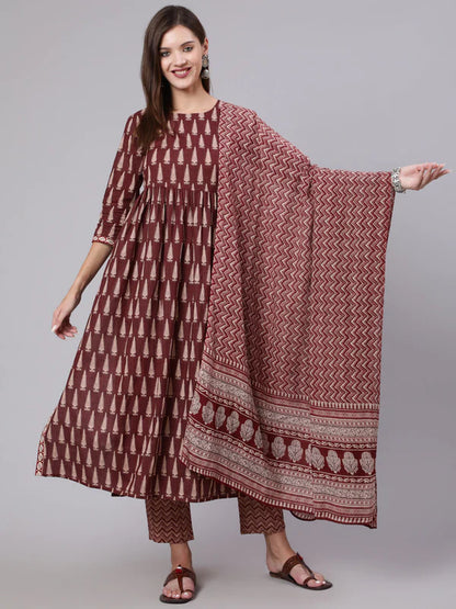 MAROON PRINTED SEMI FLARED 3/4 SLEEVE ROUND NECK KURTA BOTTOM DUPATTA SET