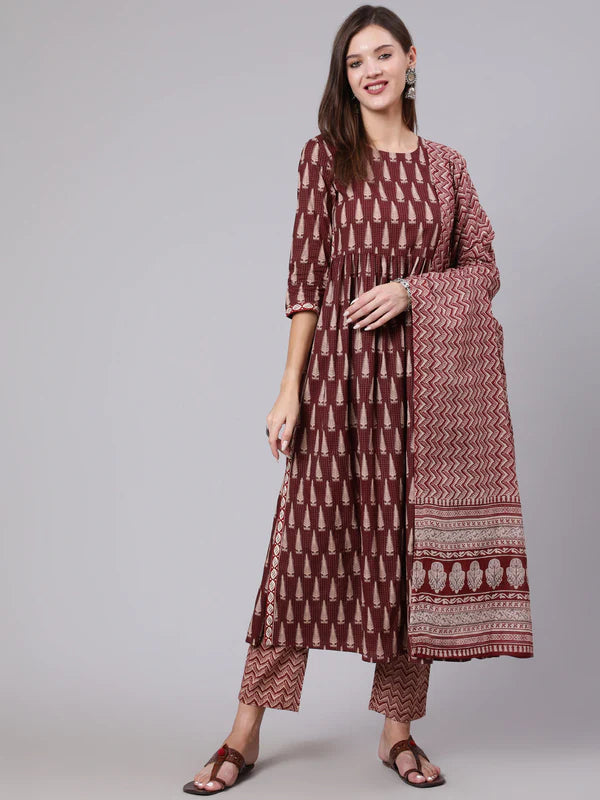 MAROON PRINTED SEMI FLARED 3/4 SLEEVE ROUND NECK KURTA BOTTOM DUPATTA SET