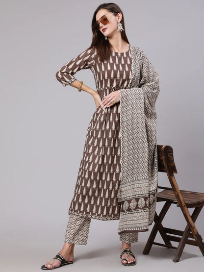 BROWN PRINTED SEMI FLARED 3/4 SLEEVE ROUND NECK KURTA BOTTOM DUPATTA SET