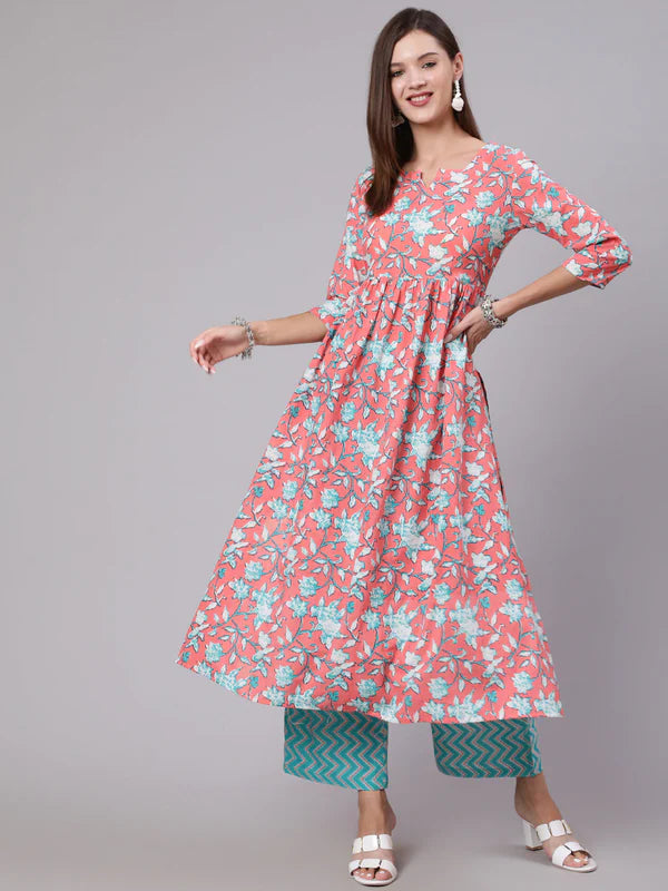 COTTON CALF LENGTH PRINTED SEMI FLARED 3/4 SLEEVE ROUND NECK KURTA BOTTOM SET