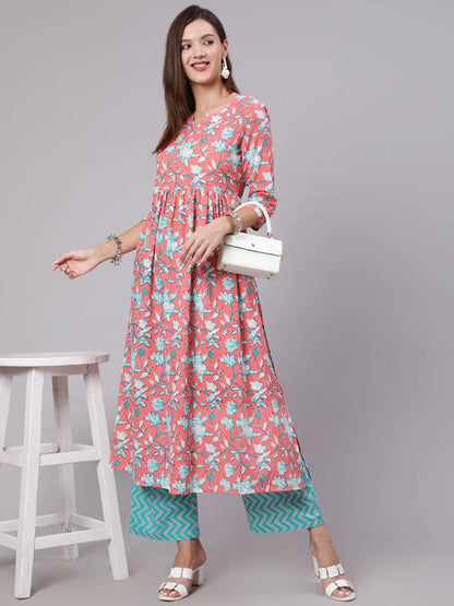 COTTON CALF LENGTH PRINTED SEMI FLARED 3/4 SLEEVE ROUND NECK KURTA BOTTOM SET