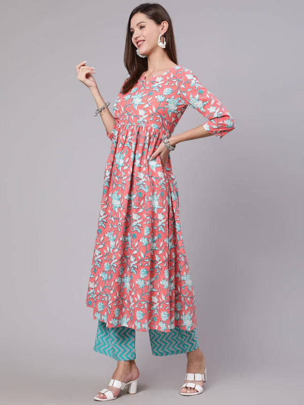 COTTON CALF LENGTH PRINTED SEMI FLARED 3/4 SLEEVE ROUND NECK KURTA BOTTOM SET