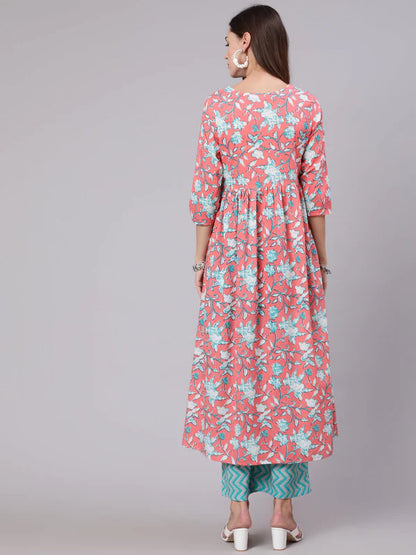 COTTON CALF LENGTH PRINTED SEMI FLARED 3/4 SLEEVE ROUND NECK KURTA BOTTOM SET