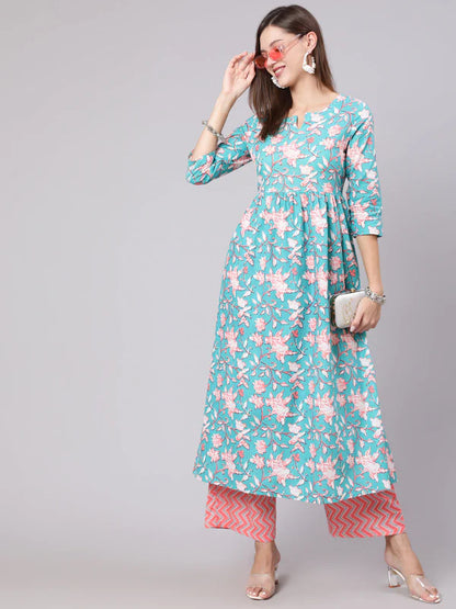 COTTON CALF LENGTH PRINTED SEMI FLARED 3/4 SLEEVE ROUND NECK KURTA BOTTOM SET