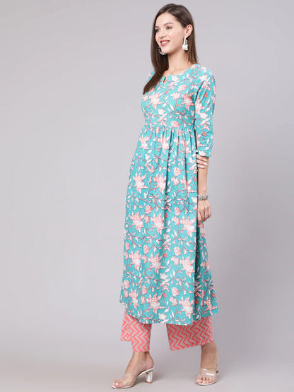 COTTON CALF LENGTH PRINTED SEMI FLARED 3/4 SLEEVE ROUND NECK KURTA BOTTOM SET