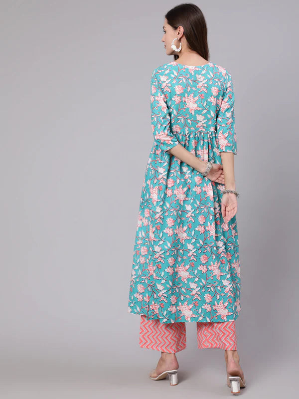 COTTON CALF LENGTH PRINTED SEMI FLARED 3/4 SLEEVE ROUND NECK KURTA BOTTOM SET