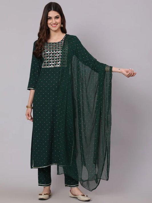 RAYON CALF LENGTH FOIL PRINT STRAIGHT 3/4 SLEEVE ROUND NECK KURTA PANT DUPATTA SET