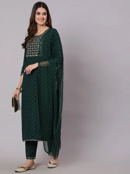 RAYON CALF LENGTH FOIL PRINT STRAIGHT 3/4 SLEEVE ROUND NECK KURTA PANT DUPATTA SET