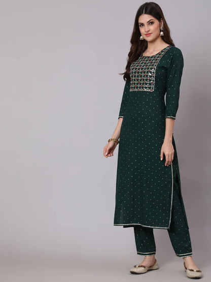 RAYON CALF LENGTH FOIL PRINT STRAIGHT 3/4 SLEEVE ROUND NECK KURTA PANT DUPATTA SET