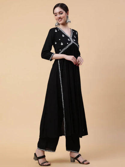 RAYON CALF LENGTH SOLID FLARED 3/4 SLEEVES V-NECK KURTA BOTTOM SET