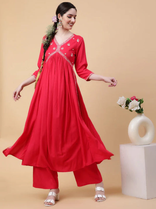 RAYON CALF LENGTH SOLID FLARED 3/4 SLEEVES V-NECK KURTA BOTTOM SET