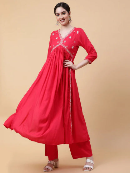 RAYON CALF LENGTH SOLID FLARED 3/4 SLEEVES V-NECK KURTA BOTTOM SET