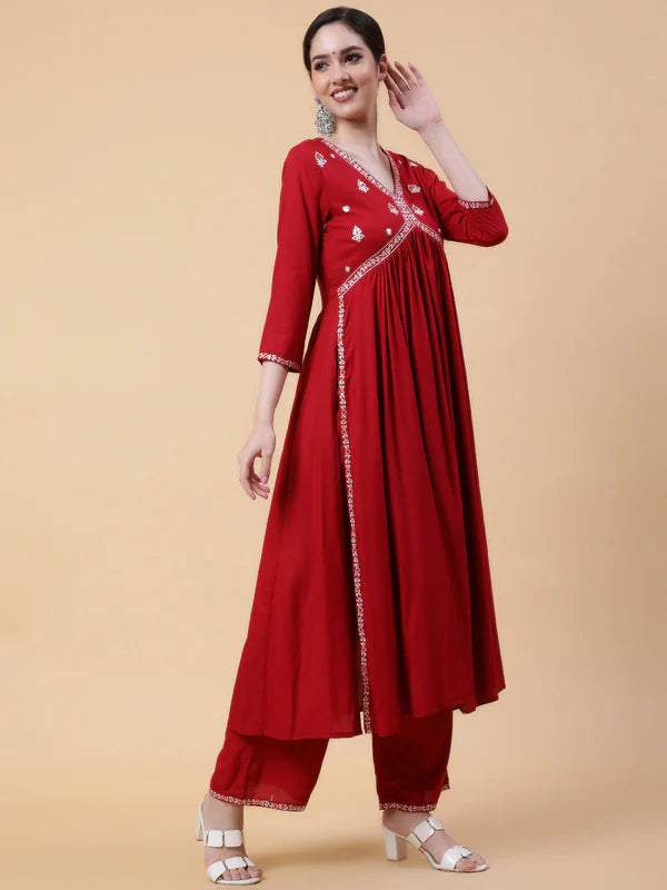 RAYON CALF LENGTH SOLID FLARED 3/4 SLEEVES V-NECK KURTA BOTTOM SET