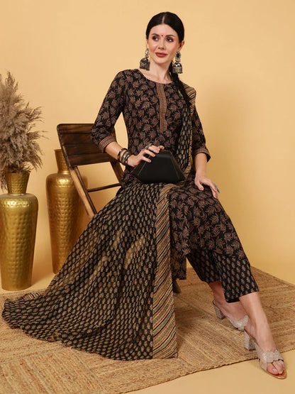 RAYON CALF LENGTH PRINTED STRAIGHT 3/4 SLEEVES ROUND KURTA BOTTOM DUPATTA SET