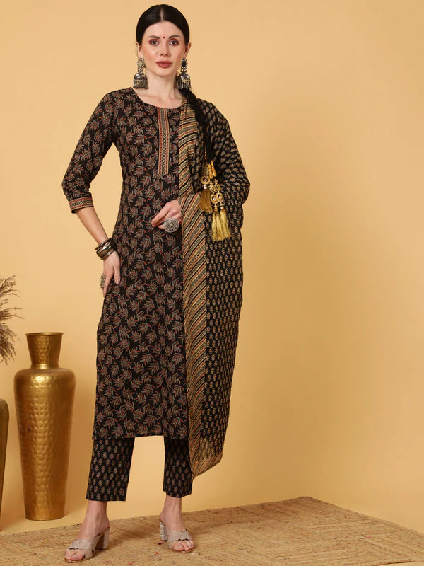 RAYON CALF LENGTH PRINTED STRAIGHT 3/4 SLEEVES ROUND KURTA BOTTOM DUPATTA SET