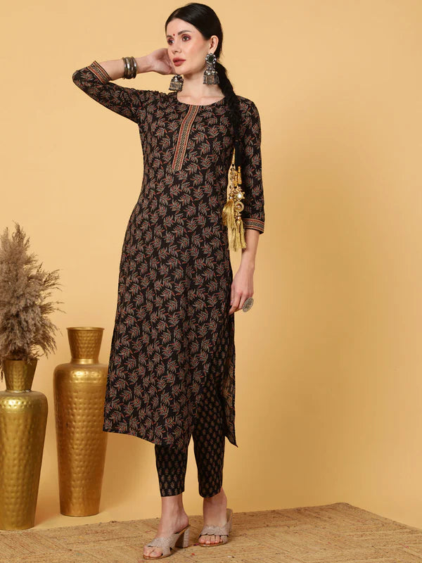 RAYON CALF LENGTH PRINTED STRAIGHT 3/4 SLEEVES ROUND KURTA BOTTOM DUPATTA SET