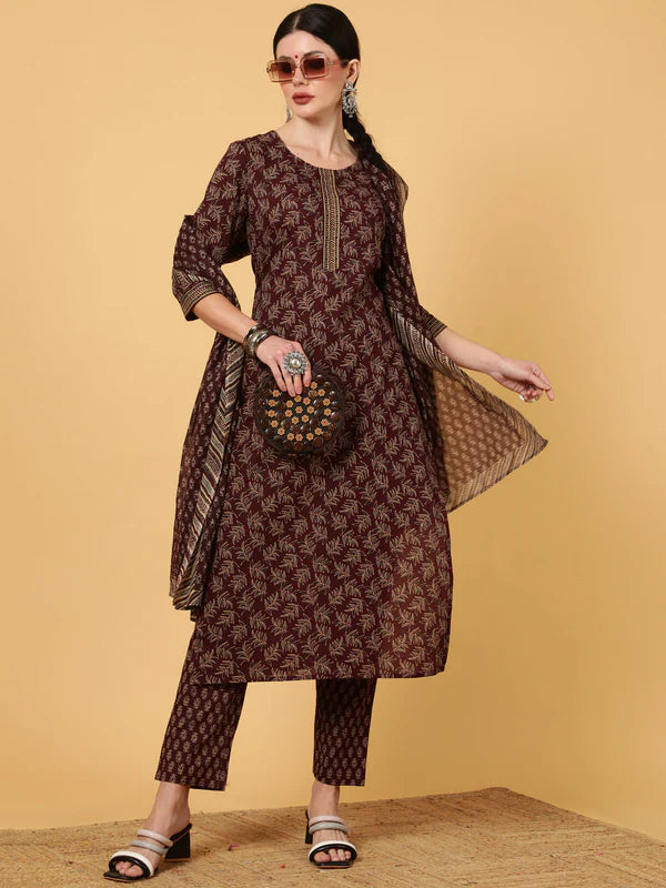 RAYON CALF LENGTH PRINTED STRAIGHT 3/4 SLEEVES ROUND KURTA BOTTOM DUPATTA SET