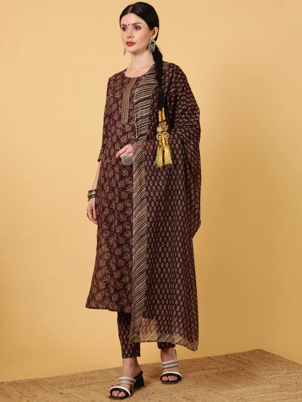 RAYON CALF LENGTH PRINTED STRAIGHT 3/4 SLEEVES ROUND KURTA BOTTOM DUPATTA SET