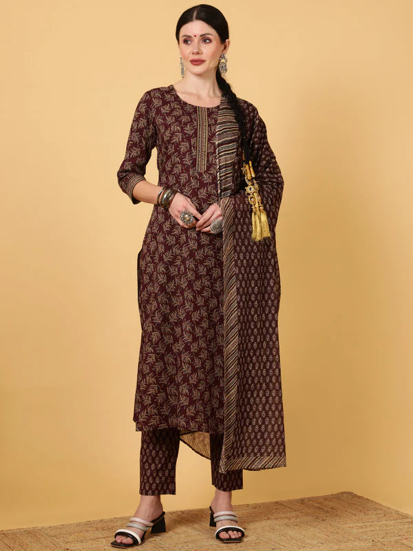 RAYON CALF LENGTH PRINTED STRAIGHT 3/4 SLEEVES ROUND KURTA BOTTOM DUPATTA SET