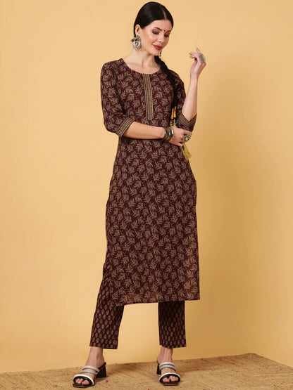 RAYON CALF LENGTH PRINTED STRAIGHT 3/4 SLEEVES ROUND KURTA BOTTOM DUPATTA SET