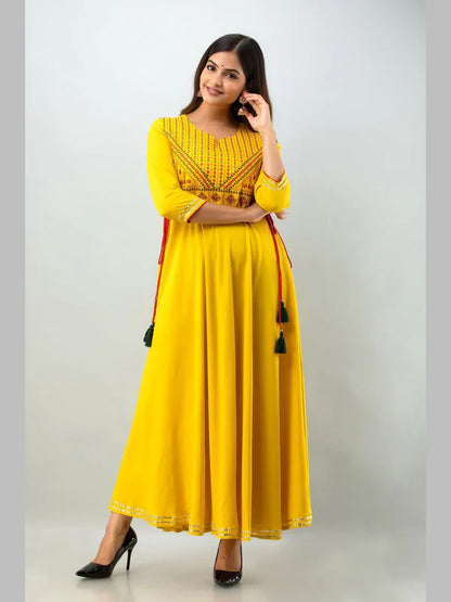 RAYON EMBROIDERED 3/4 SLEEVE STRAIGHT ROUND NECK CALF LENGTH KURTA