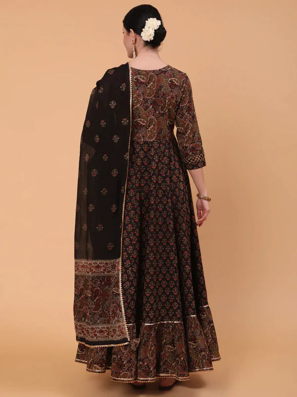 BROWN FLARED 3/4 SLEEVE ROUND NECK KURTA DUPATTA SET