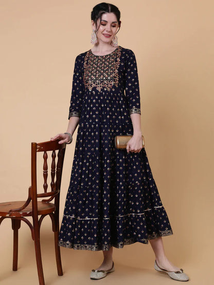 RAYON CALF LENGTH FLARED 3/4 SLEEVES PRINTED ROUND NECK KURTA