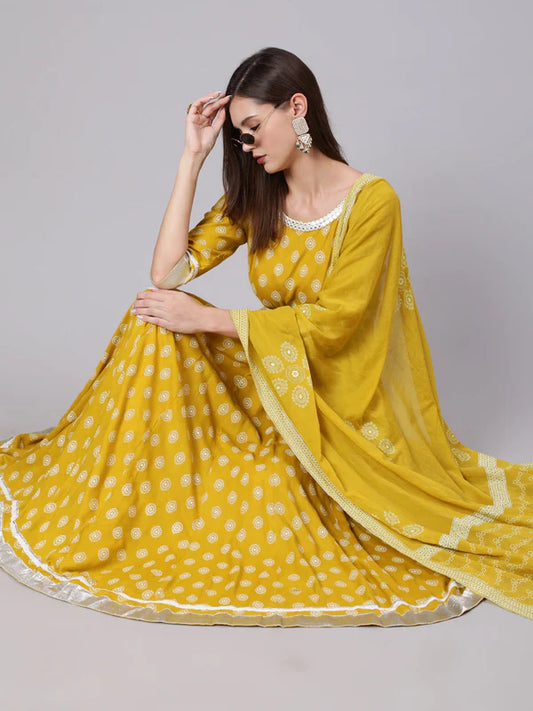 MUSTARD PRINTED FLARED 3/4 SLEEVE ROUND NECK KURTA DUPATTA SET