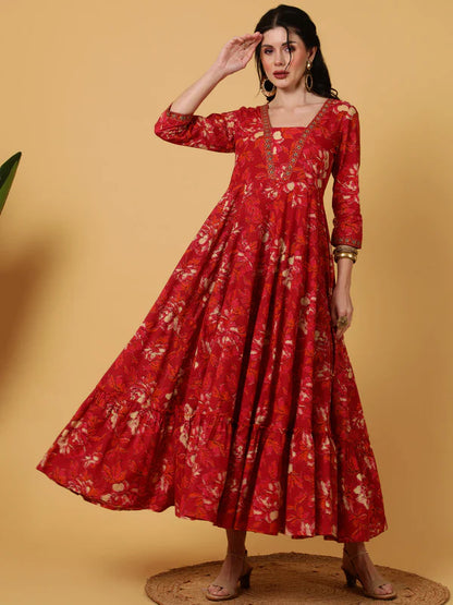 COTTON ANKLE LENGTH LENGTH PRINTED FLARED 3/4 SLEEVES V-NECK KURTA