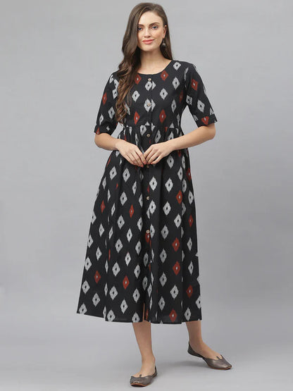 IKAT PRINT COTTON MIDI FLARED DRESS