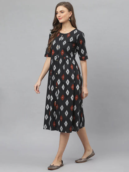 IKAT PRINT COTTON MIDI FLARED DRESS