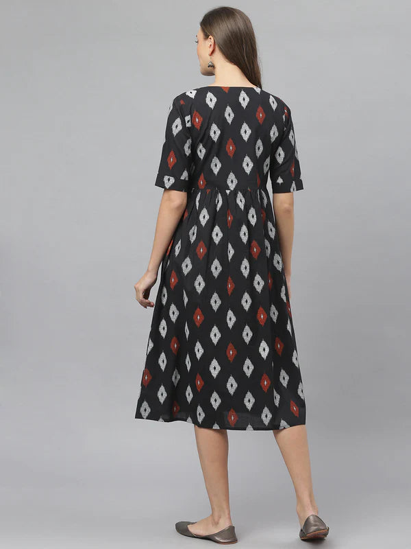 IKAT PRINT COTTON MIDI FLARED DRESS