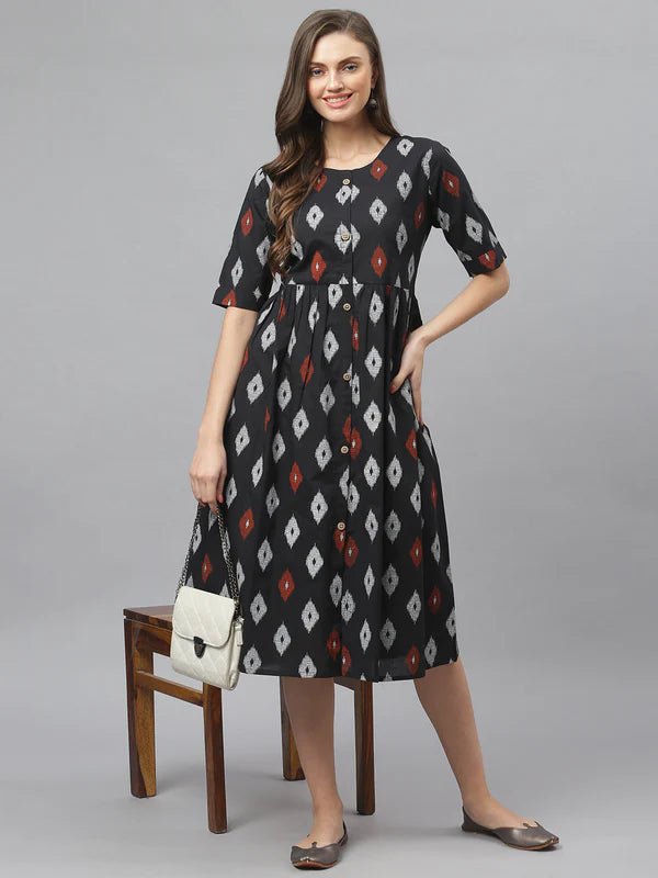 IKAT PRINT COTTON MIDI FLARED DRESS